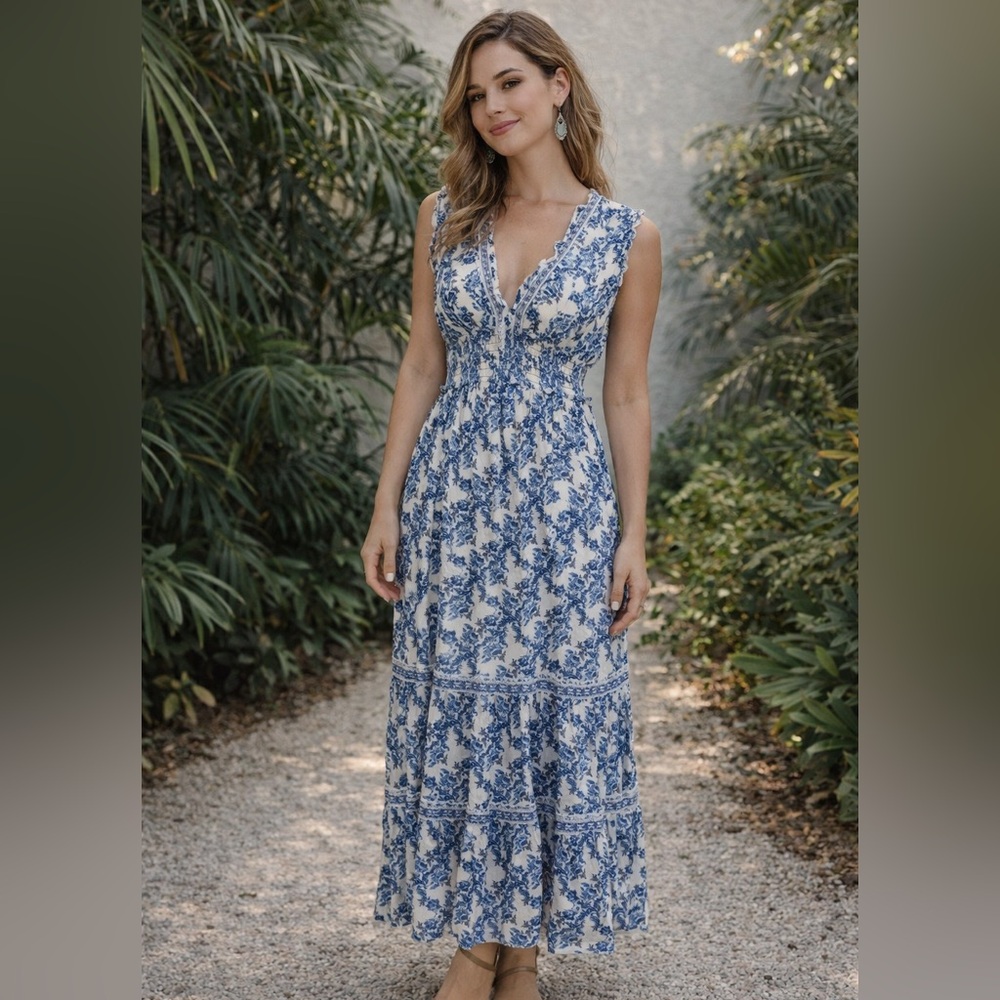 Blue Floral V-Neck Maxi Dress - Sleeveless Summer Dress